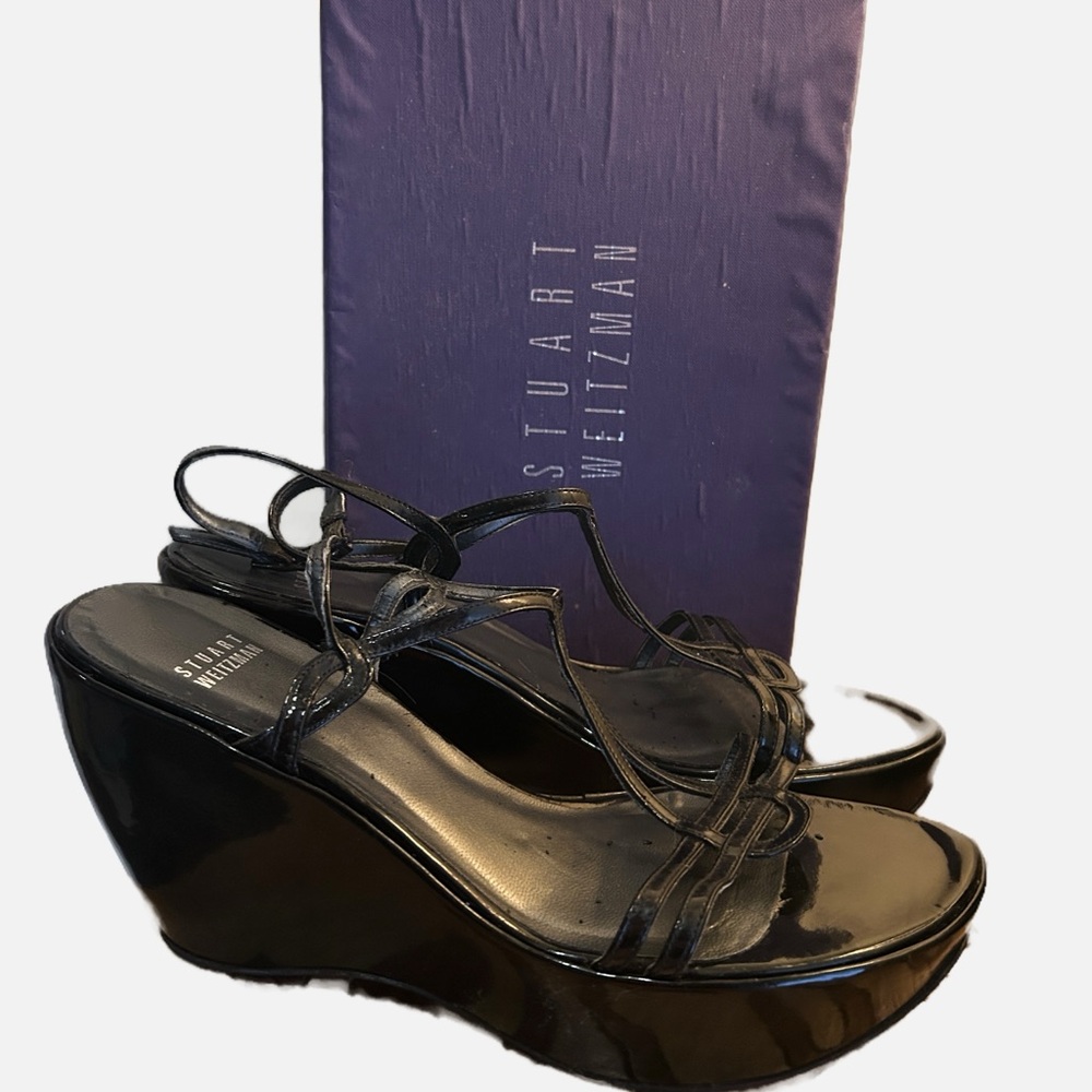 Vintage Stuart Weitzman Black Patent Platform Wedge Sandals | Size 9.5